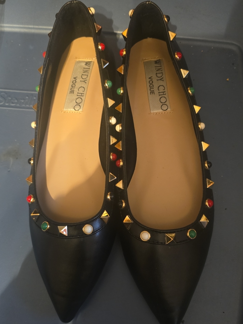Black Pointed Ballet Flats with Stud and Gem Accents